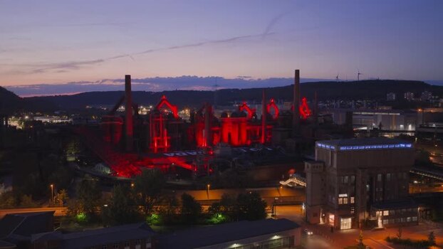 Aerial view of Volklingen Ironworks with red lights Germany. Aerial view of Volklingen Ironworks with red lights Germany.