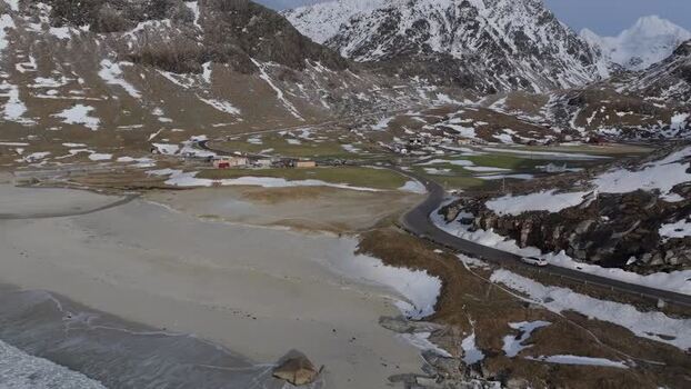 Aerial view of Lofoten road in Vagan Municipality Norway.