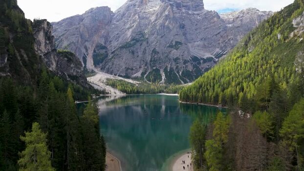 Aerial view of Pragser Wildsee and the Dolomites in Prags Italy.