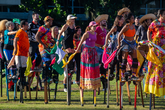 Rio de Janeiro Brazil 20 June 2026 View of performers on stilts wearing colorful traditional costumes during the Festa Junina celebrations on a sunny day. Rio de Janeiro Brazil 20 June 2026 View of performers on stilts wearing colorful traditional costumes during the Festa Junina celebrations on a sunny day.