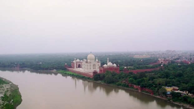 Aerial view of Taj Mahal by the Yamuna River India. Aerial view of Taj Mahal by the Yamuna River India.