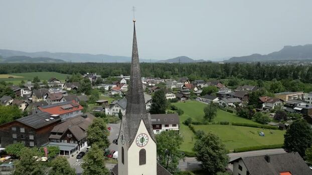 Aerial view of church spire in a village Liechtenstein.