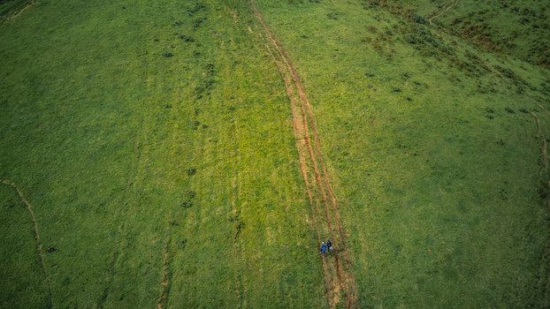Aerial view of a solitary figure traversing winding earthen trails across lush emerald slopes Obudu Cross River Nigeria.