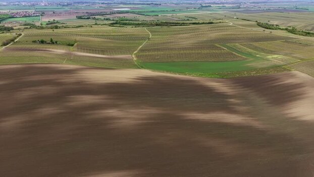 Aerial view of rolling agricultural fields and vineyards Czechia.
