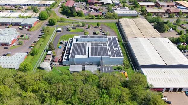 Aerial view of a data center with solar panels United Kingdom. Aerial view of a data center with solar panels United Kingdom.