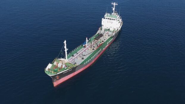 Aerial view of a large tanker ship on the ocean Maldives.