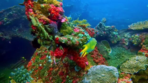 View of vibrant coral reef and tropical fish in Bali Indonesia.