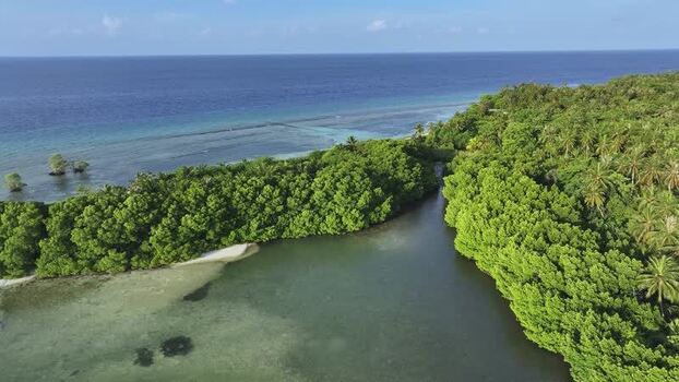 Aerial view of lush tropical vegetation and turquoise lagoon in Maldives. Aerial view of lush tropical vegetation and turquoise lagoon in Maldives.