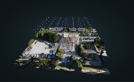 Aerial view of a 3D photogrammetry model showing a construction site with camera positions buildings trees and a parking lot in Richmond British Columbia Canada. Aerial view of a 3D photogrammetry model showing a construction site with camera positions buildings trees and a parking lot in Richmond British Columbia Canada.
