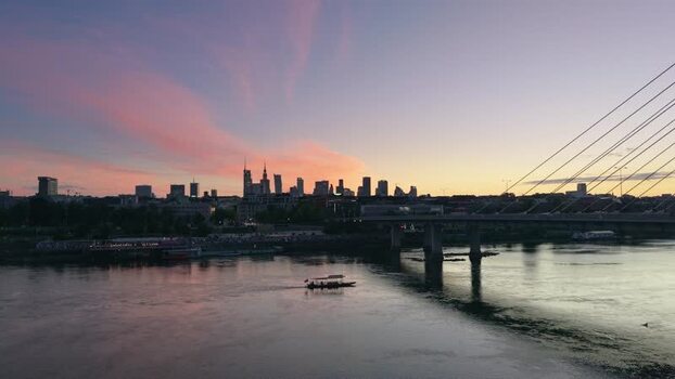 Aerial view of Warsaw skyline at sunset over the Vistula River Poland.