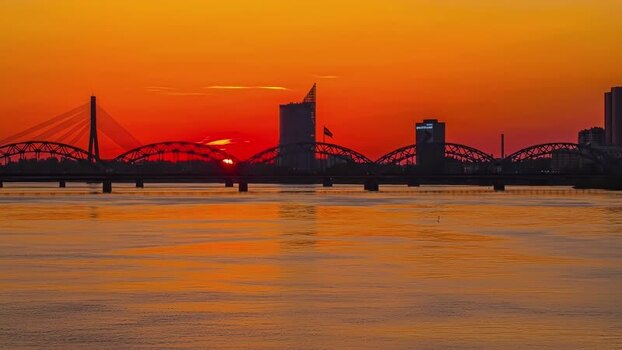 View of Riga skyline and Vansu Bridge at sunset Latvia.