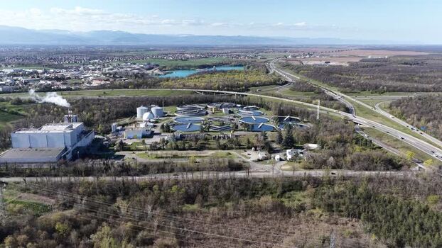 Aerial view of industrial complex France.