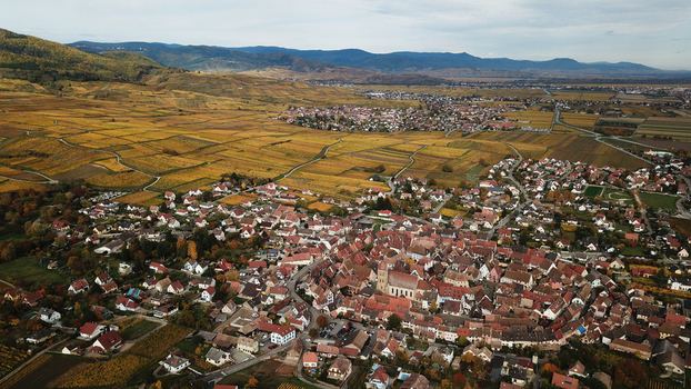 Aerial view of the historic village of Eguisheim surrounded by autumn colored vineyards and rolling hills Eguisheim Grand Est France.