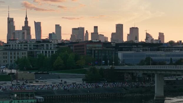 Aerial view of Warsaw skyline at sunset Poland.