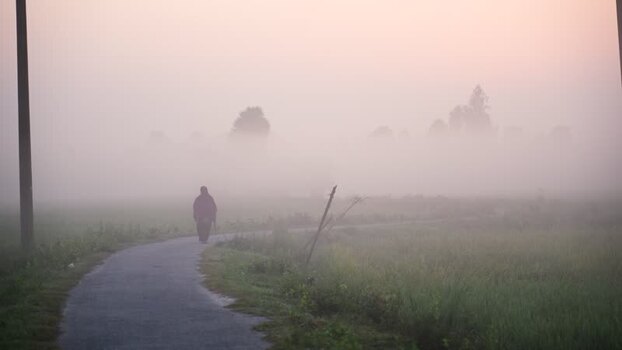 View of a person walking on a misty path in Bogura Bangladesh