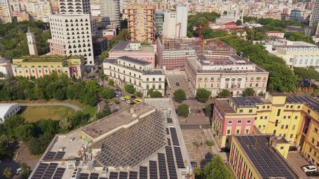Aerial view of Tirana city center and the clock tower Albania.