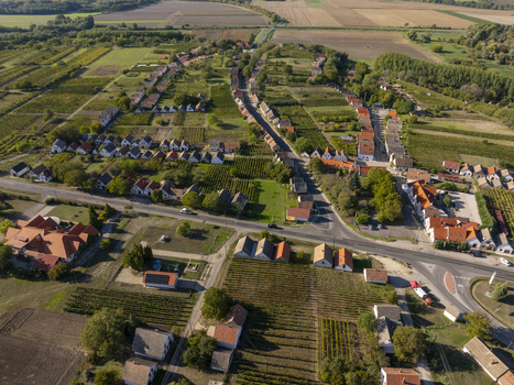 Aerial view of the historic Hajos pincefalu wine cellar village with rows of traditional cellars surrounding vineyards and rural roads in Hajos Hungary. Aerial view of the historic Hajos pincefalu wine cellar village with rows of traditional cellars surrounding vineyards and rural roads in Hajos Hungary.