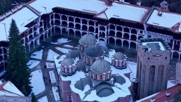 Aerial view of Rila Monastery in winter Bulgaria.