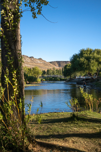 View of Rio Chimehuin with a bridge in the background lush trees along the riverbanks and a person fishing in the water in Junin de los Andes Neuquen Argentina.