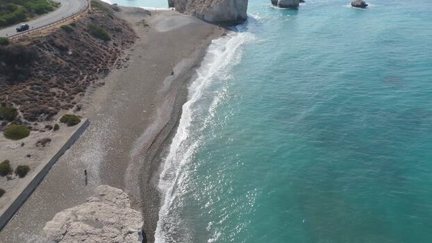 Aerial view of Aphrodite s Rock and coastline in Cyprus.