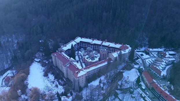Aerial view of Rila Monastery in Rilski manastir Bulgaria.
