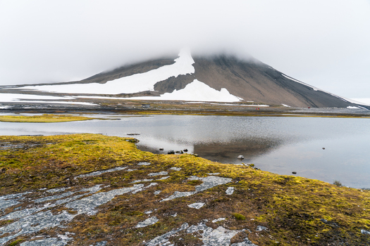 Svalbard and Jan Mayen 27 July 2025 View of a snow capped mountain peak shrouded in thick fog reflecting in a calm lake surrounded by arctic tundra vegetation. Svalbard and Jan Mayen 27 July 2025 View of a snow capped mountain peak shrouded in thick fog reflecting in a calm lake surrounded by arctic tundra vegetation.