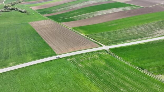 Aerial view of patchwork agricultural fields France.