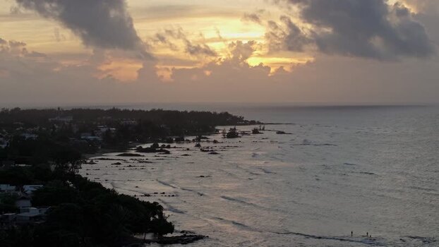 Aerial view of Cap Malheureux coastline at sunset Mauritius.