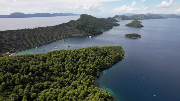 Aerial view of boats in a bay with isles Elaphiti islands Dalmatian Coast Croatia.