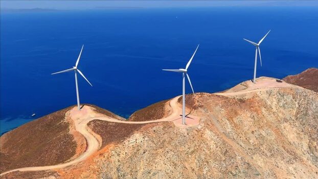 Aerial view of wind turbines on a hill Greece. Aerial view of wind turbines on a hill Greece.