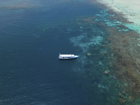 Aerial view of a lone white boat sailing on the deep blue sea near the colorful coral reefs of Cemara Kecil Karimunjawa Central Java Indonesia.