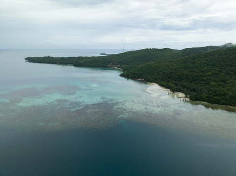 Aerial view of the coastline where the deep blue sea meets the vibrant shallows and lush green land Karimunjawa Central Java Indonesia.