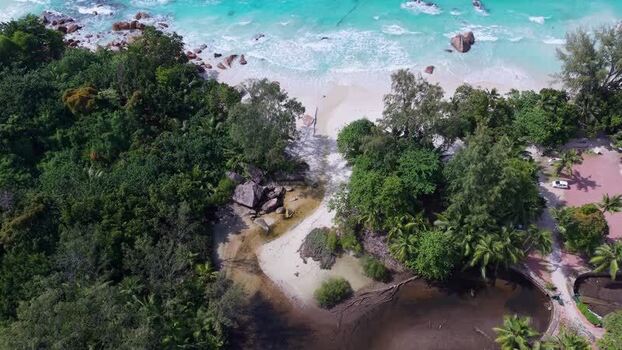 Aerial view of Anse Lazio beach in Seychelles.