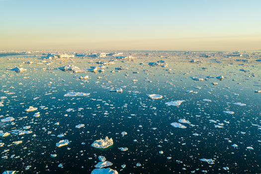 Aerial view of numerous icebergs floating in the deep blue waters of the Ilulissat Icefjord during the golden hour in Ilulissat Avannaata Greenland.