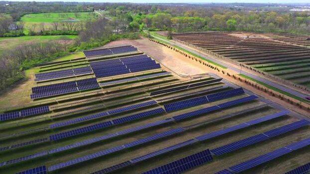 Aerial view of solar panel array United States.