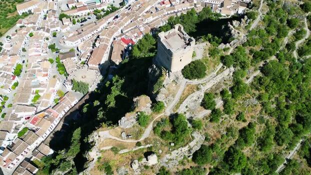 Aerial view of the castle tower in Zahara de la Sierra Spain. Aerial view of the castle tower in Zahara de la Sierra Spain.