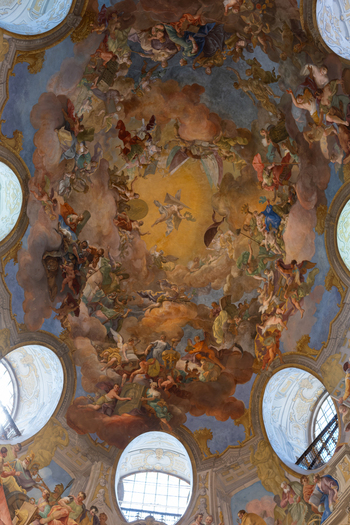 Vienna Austria 26 April 2026 View of the Baroque ceiling fresco by Daniel Gran in the State Hall of the Austrian National Library featuring allegorical figures and a central golden light. Vienna Austria 26 April 2026 View of the Baroque ceiling fresco by Daniel Gran in the State Hall of the Austrian National Library featuring allegorical figures and a central golden light.