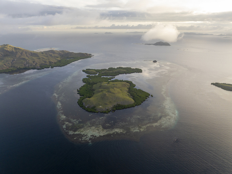 Aerial view of Komodo Island surrounded by turquoise coral reefs and deep blue waters under a soft cloudy sky in Komodo East Nusa Tenggara Indonesia.