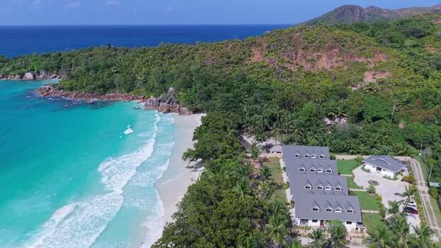 Aerial view of Anse Lazio beach in Seychelles.