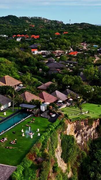 Aerial view of cliffside resort in Bali Indonesia.