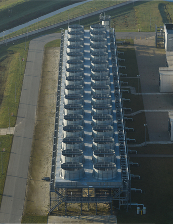 Aerial view of the nitrogen plant featuring rows of industrial cooling fans and surrounding infrastructure in Zuidbroek Groningen Netherlands. Aerial view of the nitrogen plant featuring rows of industrial cooling fans and surrounding infrastructure in Zuidbroek Groningen Netherlands.