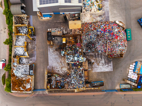 Aerial view of the Neuenstein Techno Zone recycling facility showing piles of scrap metal industrial machinery and sorting areas in Neuenstein Baden Wurttemberg Germany. Aerial view of the Neuenstein Techno Zone recycling facility showing piles of scrap metal industrial machinery and sorting areas in Neuenstein Baden Wurttemberg Germany.