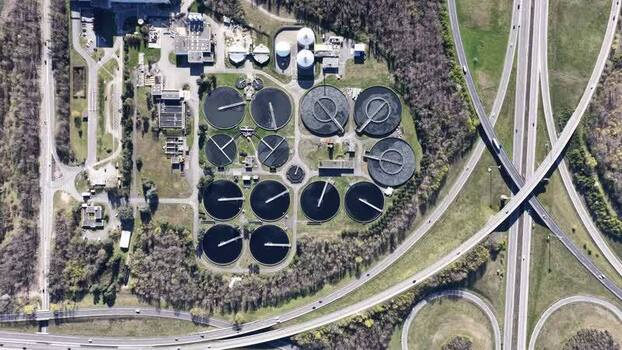 Aerial view of water treatment facility France.