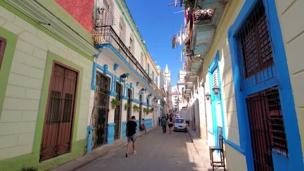 View of Obispo street with colonial architecture in La Habana Cuba.