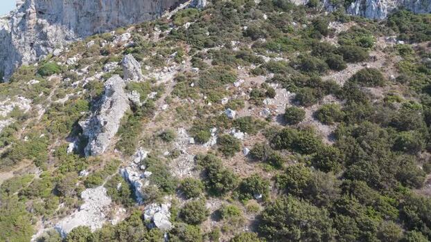 Aerial view of rocky hillside and cliffs in Northern Cyprus.