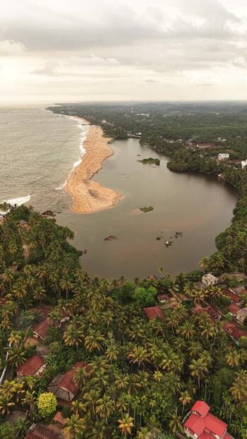 Aerial view of the coastal lagoon and palm groves in Galle Sri Lanka.
