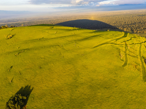 Aerial view of Puu Waawaa cinder cone with its shadow stretching across the surrounding forest under golden hour light Hawaii County Hawaii United States. Aerial view of Puu Waawaa cinder cone with its shadow stretching across the surrounding forest under golden hour light Hawaii County Hawaii United States.