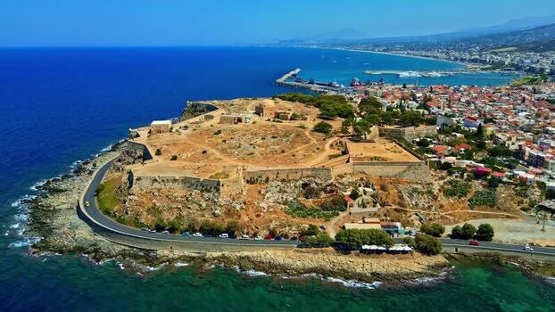 Aerial view of Fortezza of Rethymno fortress in Crete Greece.