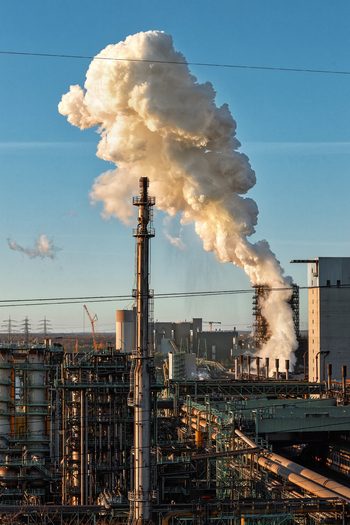 View of a large industrial complex with a massive plume of white smoke rising from a tall chimney stack under a clear blue sky during sunset Duisburg North Rhine Westphalia Germany.