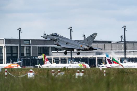 Berlin Germany 13 June 2026 View of Eurofighter Typhoon jet taking off during the ILA Berlin Air Show with airport terminal buildings in the background. Berlin Germany 13 June 2026 View of Eurofighter Typhoon jet taking off during the ILA Berlin Air Show with airport terminal buildings in the background.